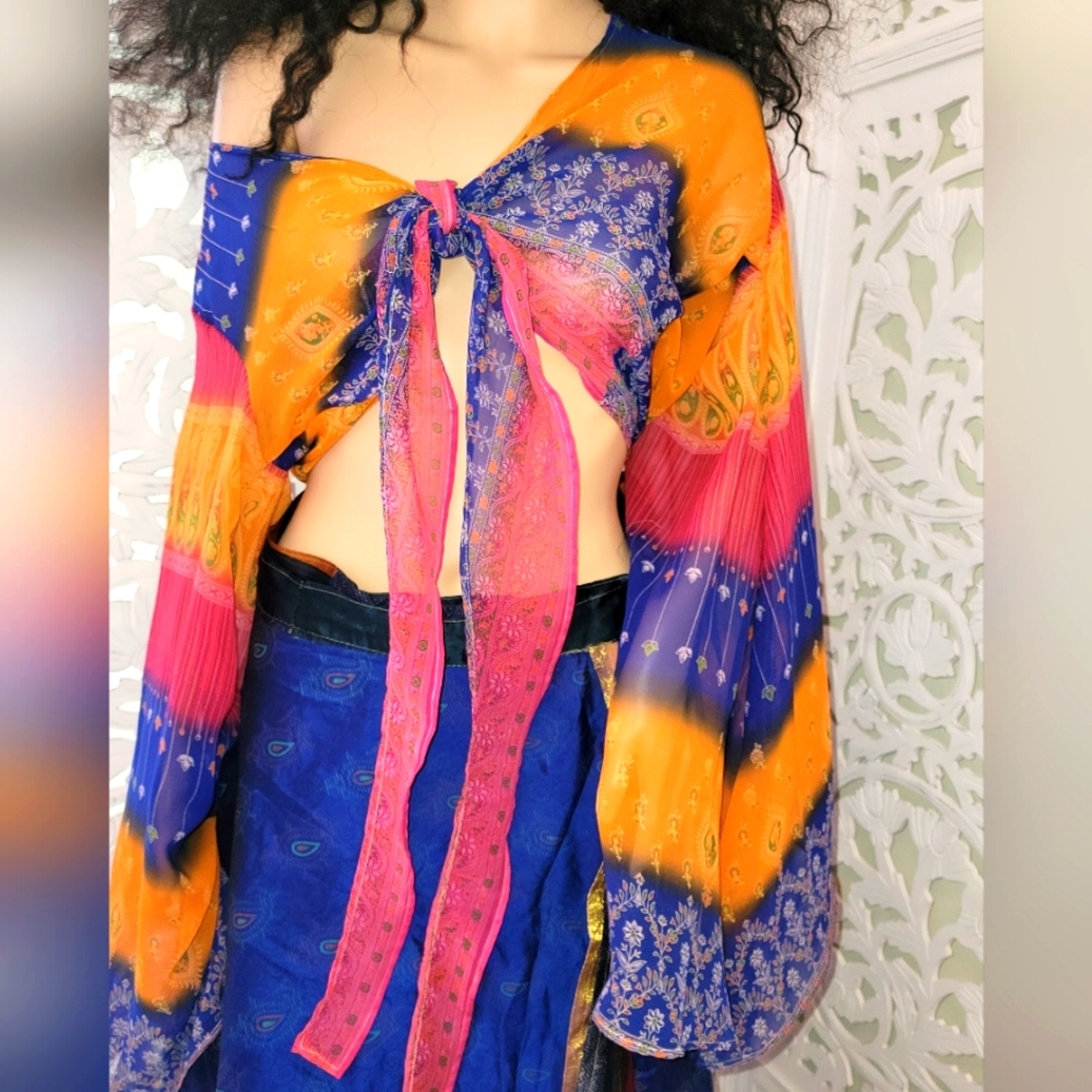 Exotic Blue & Gold Multicolor Silk Cropped Tie Top